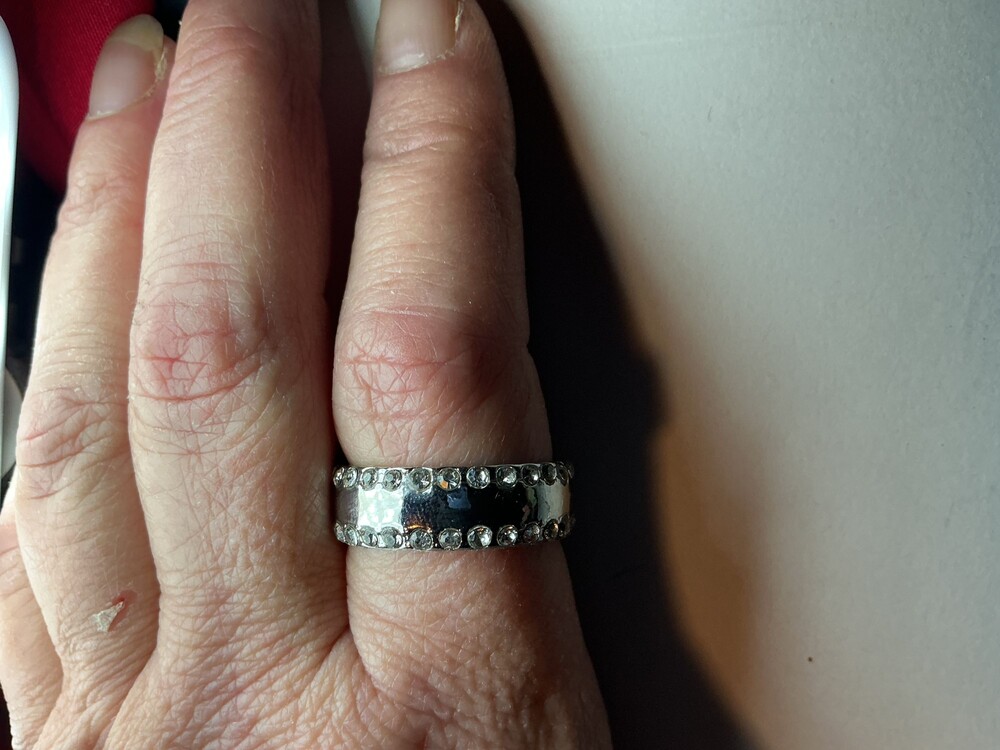 ★ Size 13 Silver Tone Wide Band Ring Clear Rhinestone Crystal Statement